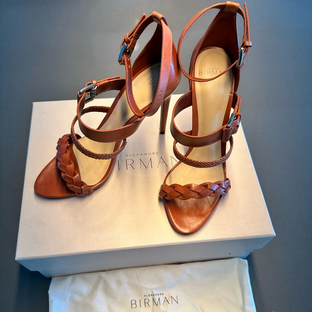 alexandre birman brown high heel salndals with braids three straps US7
